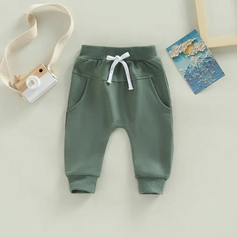 Solid Drawstring Pocket Long Trousers for Baby